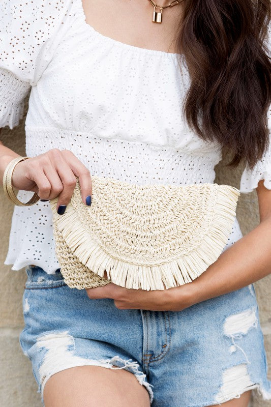 Frayed Fold Over Straw Clutch