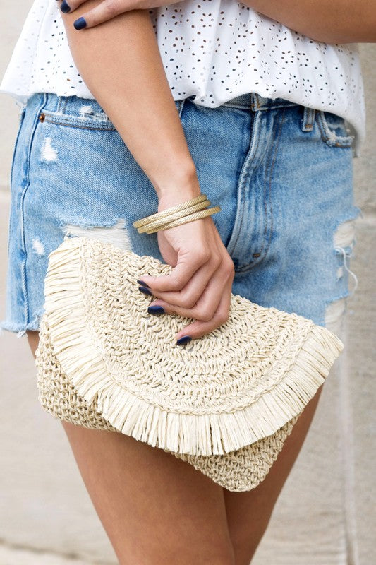 Frayed Fold Over Straw Clutch