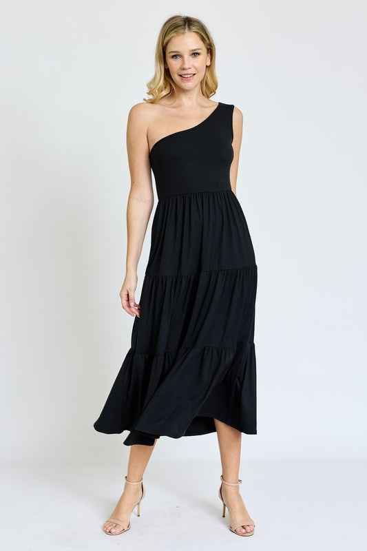 Navy One Shoulder Ruffle Midi Dress 1