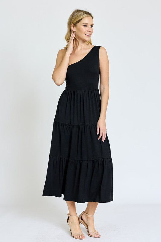 Black One Shoulder Ruffle Midi Dress 1