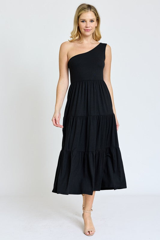 Navy One Shoulder Ruffle Midi Dress 1