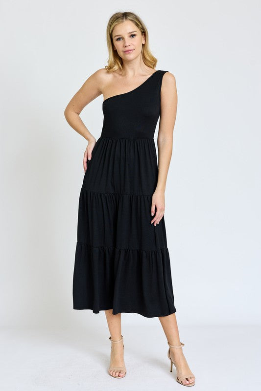 Navy One Shoulder Ruffle Midi Dress 1