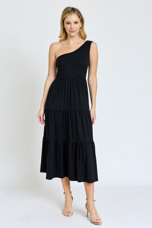 Navy One Shoulder Ruffle Midi Dress 1