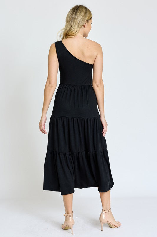 Black One Shoulder Ruffle Midi Dress 1