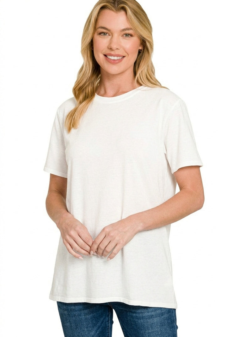 White Zenana Cotton Boyfriend Round Neck Tee