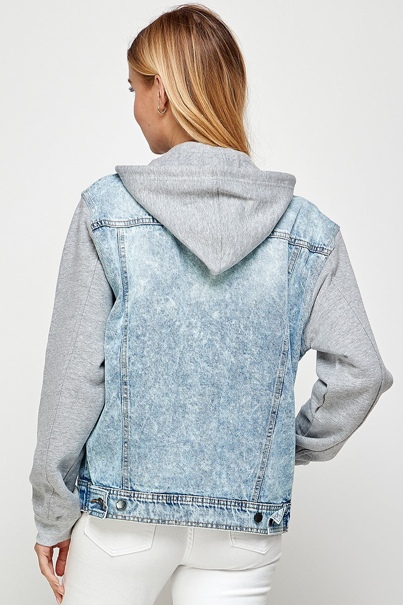 Dark Blue Womens Denim Jacket With Fleece Hoodies