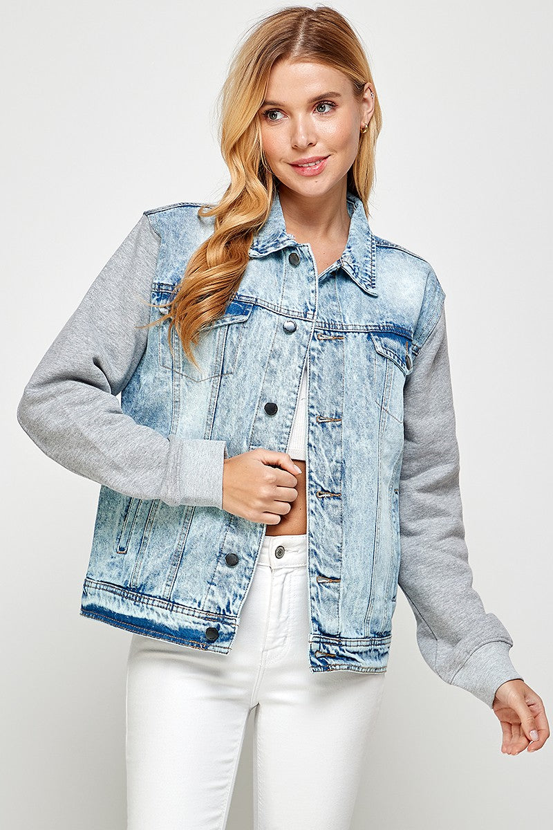 Light Blue Womens Denim Jacket With Fleece Hoodies 1