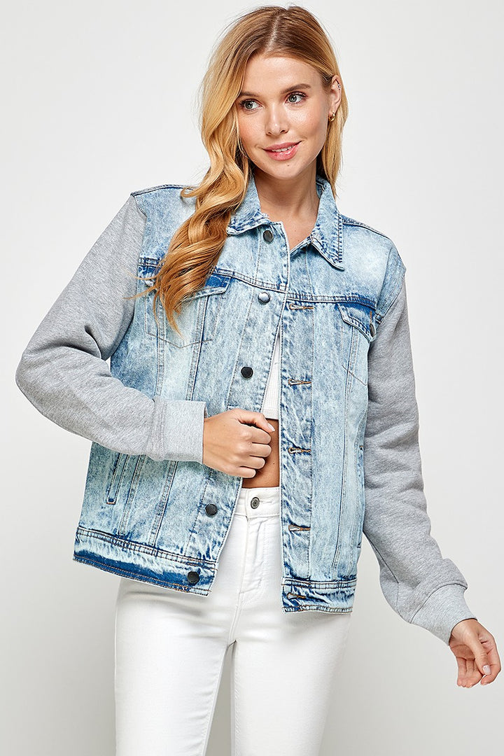 Light Blue Womens Denim Jacket With Fleece Hoodies 1