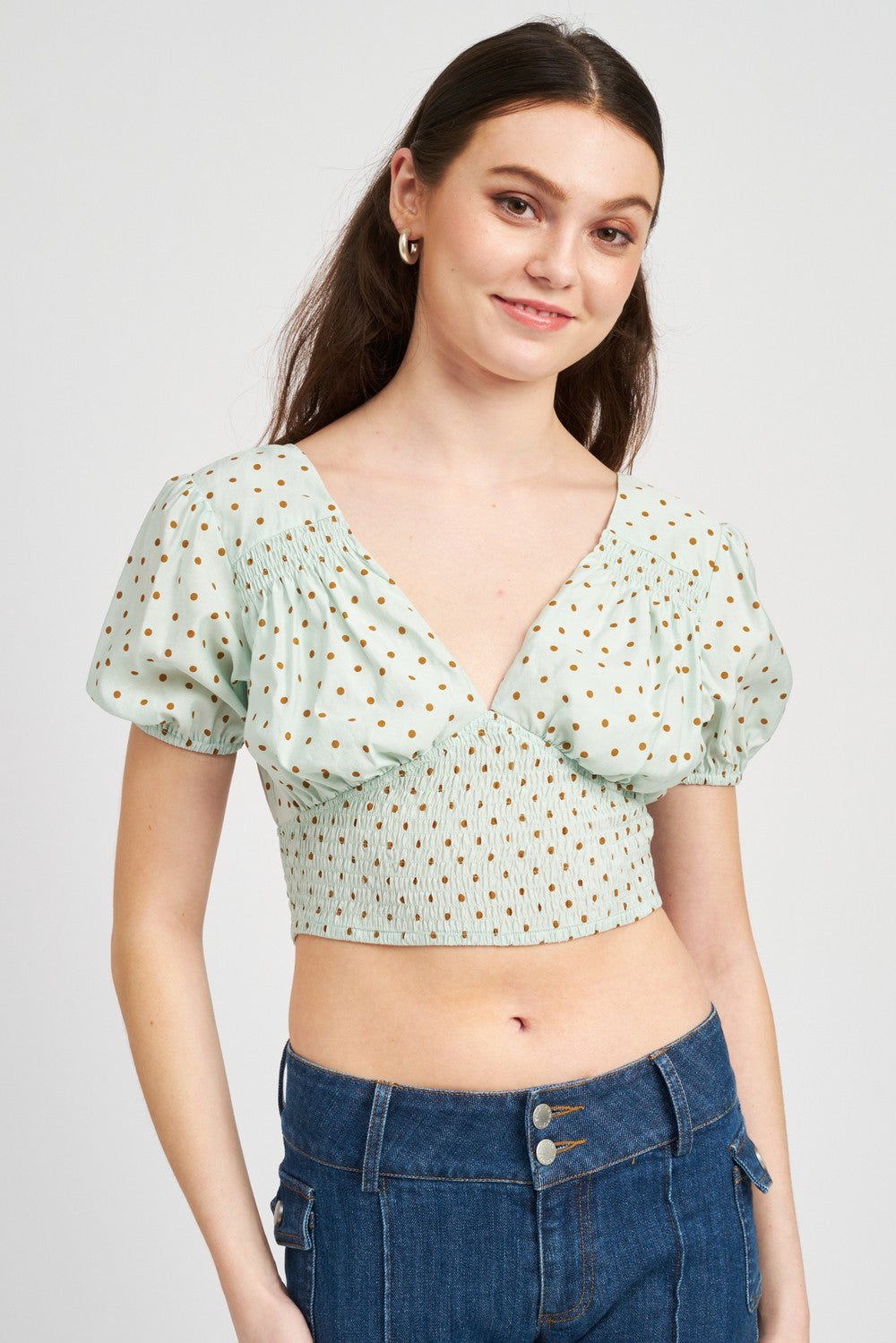 Blue Polkadot V Neck Floral Crop Top With Smocking