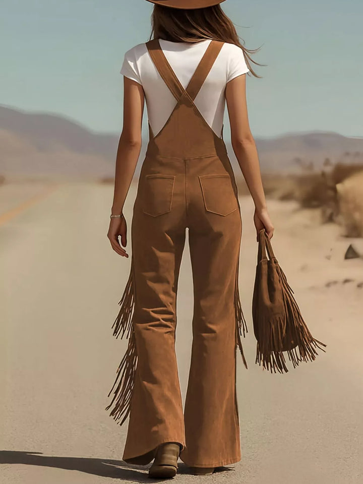 Caramel Brown Fringe Corduroy Button Front Overalls
