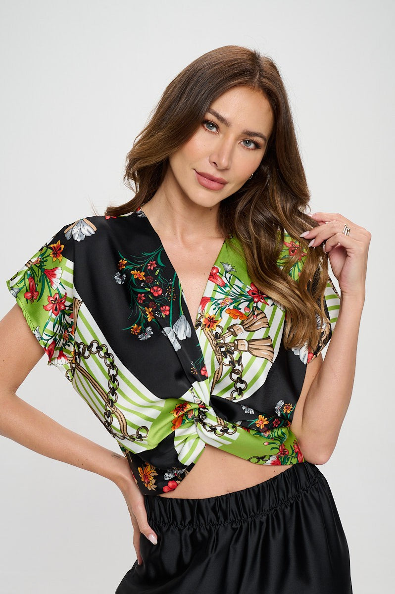 Black Print Satin Short Sleeve Top With Front Twist