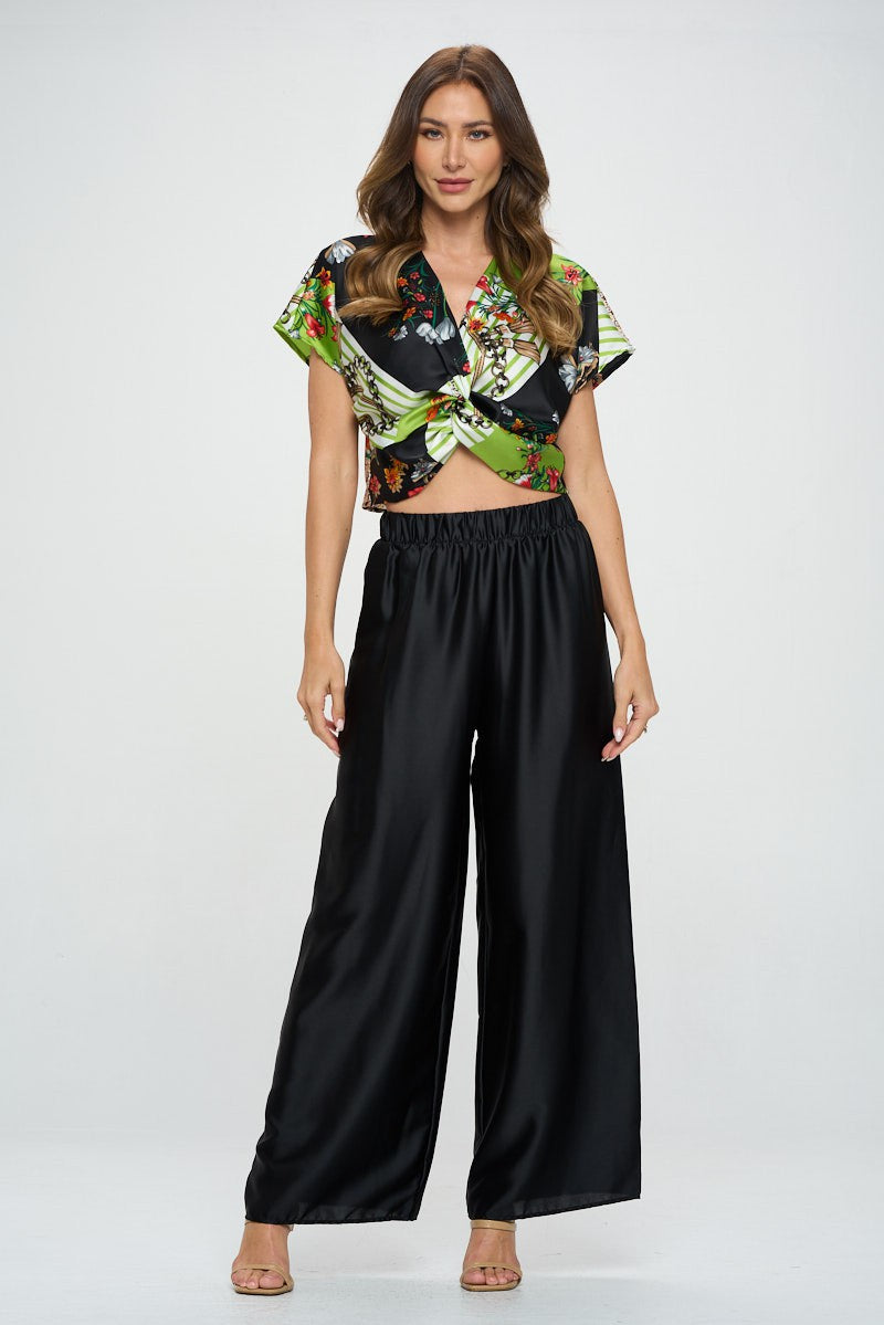 Black Print Satin Short Sleeve Top With Front Twist