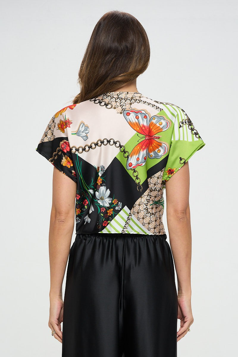 Print Satin Short Sleeve Top With Front Twist