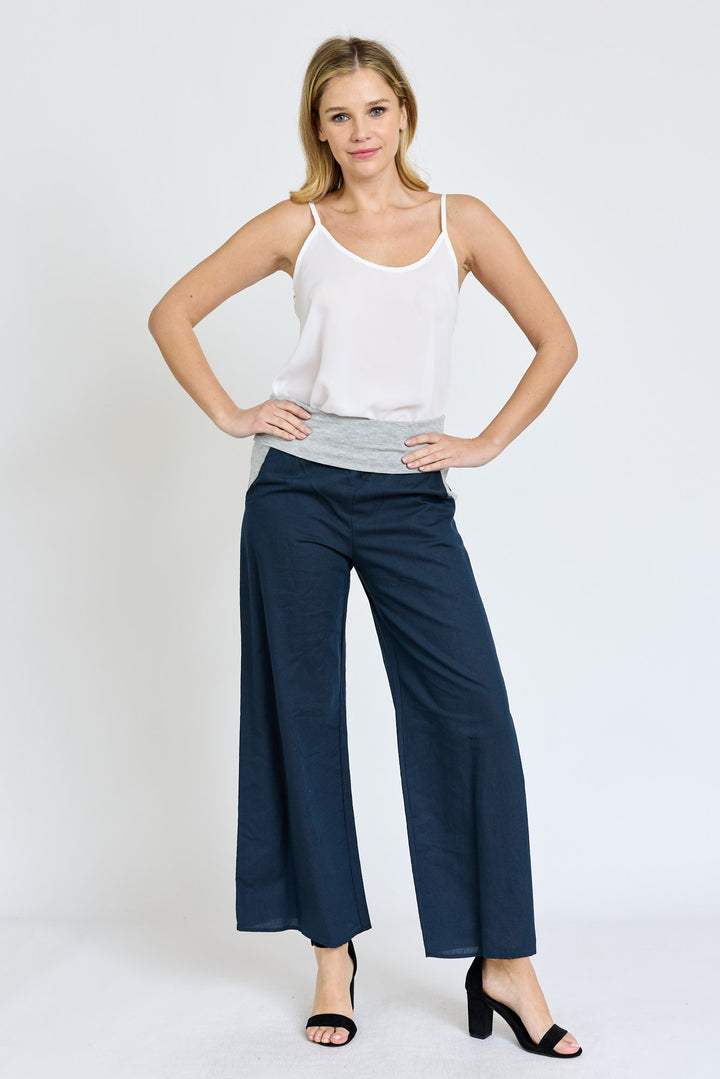 Grey Cotton Linen Wide Leg Pants Fold Over With Pockets