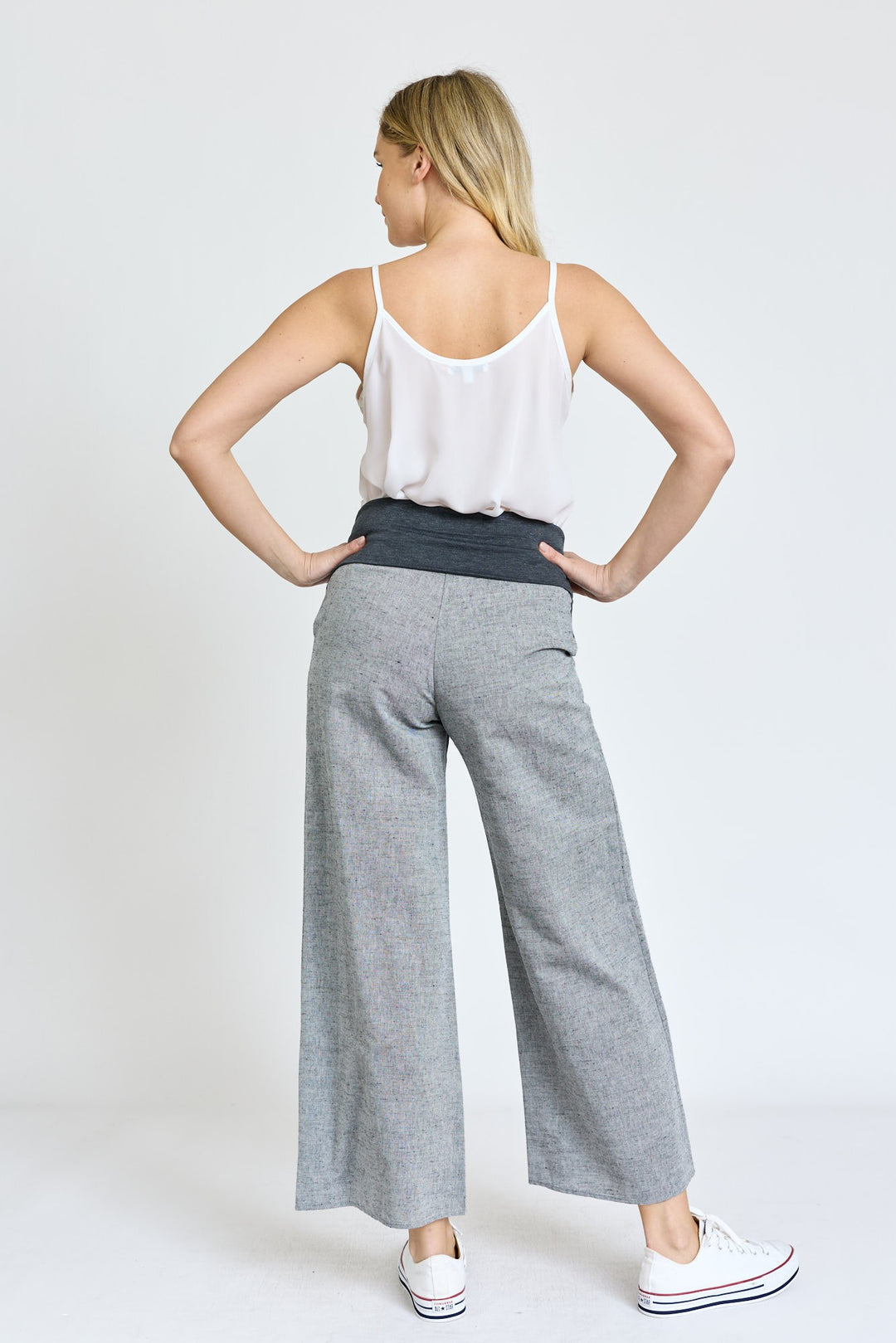 Brown Cotton Linen Wide Leg Pants Fold Over With Pockets
