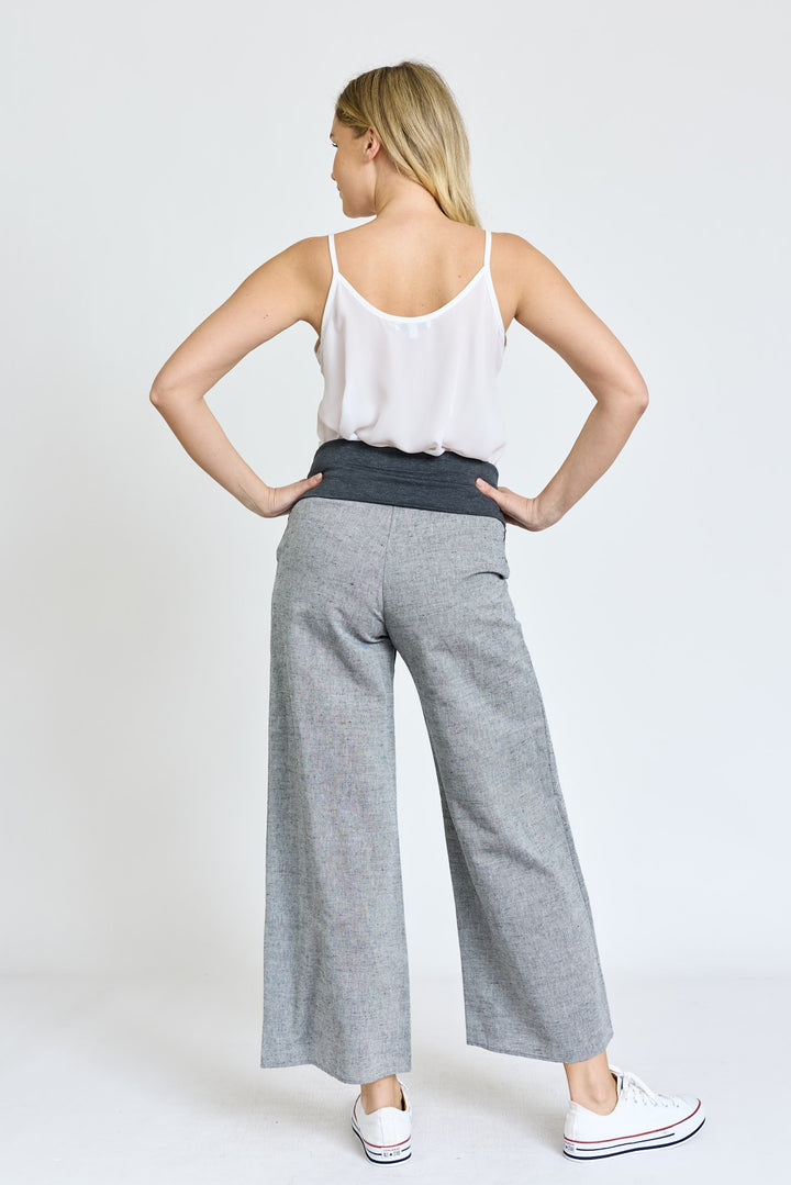 Brown Cotton Linen Wide Leg Pants Fold Over With Pockets