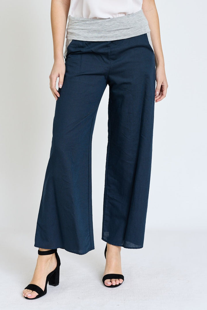 Grey Cotton Linen Wide Leg Pants Fold Over With Pockets