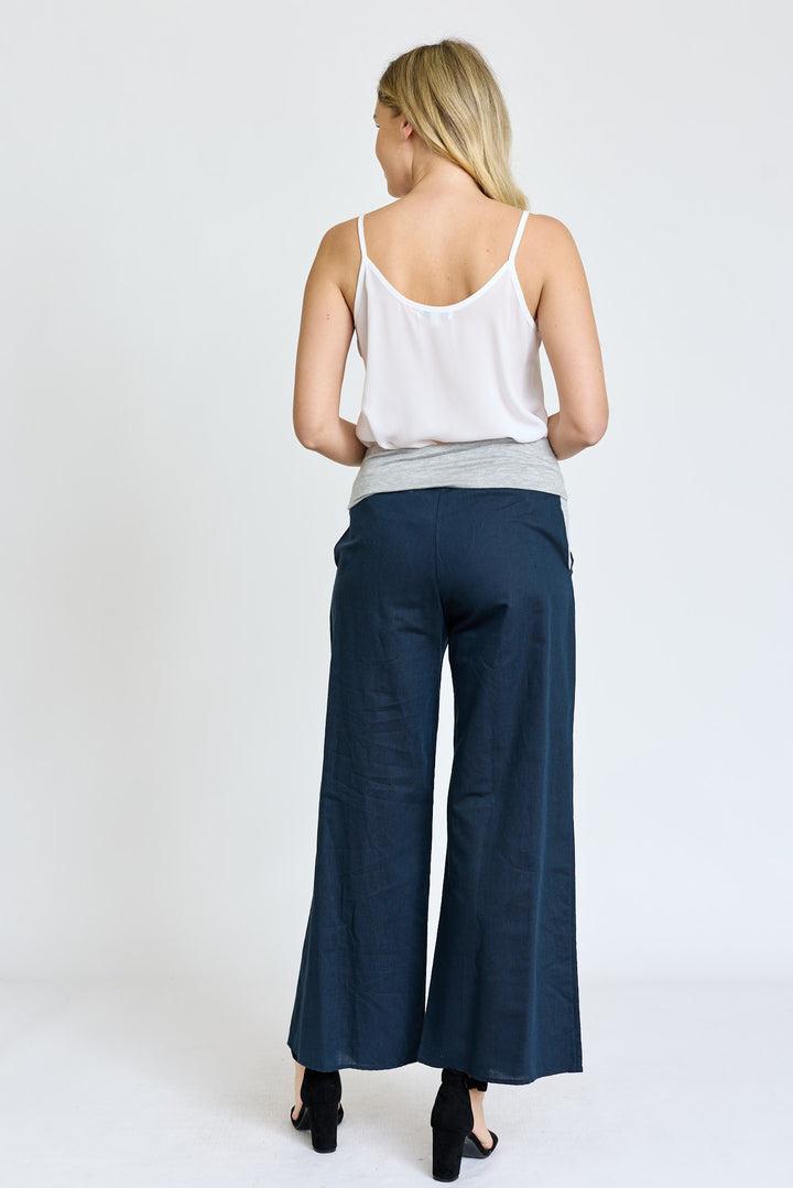Grey Cotton Linen Wide Leg Pants Fold Over With Pockets