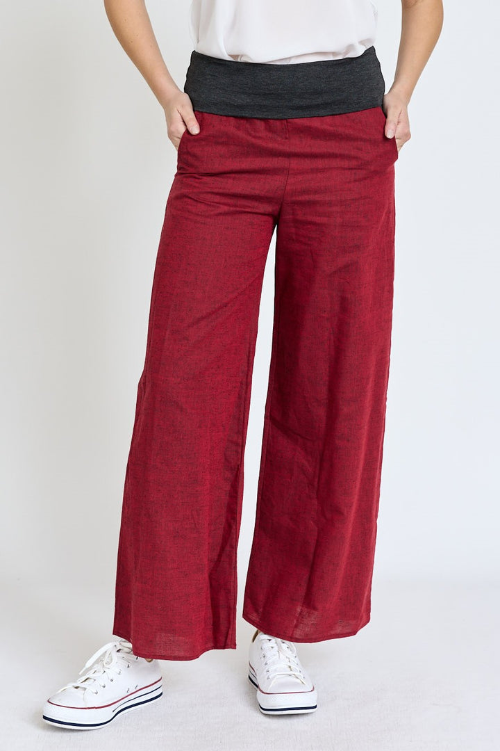 Burgundy Cotton Linen Wide Leg Pants Fold Over With Pockets