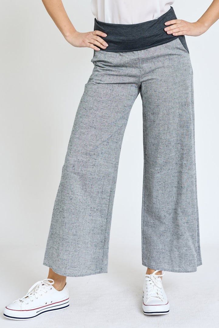 Brown Cotton Linen Wide Leg Pants Fold Over With Pockets