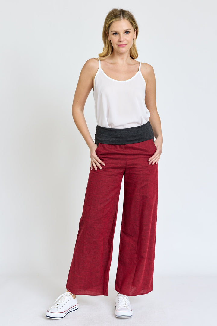 Burgundy Cotton Linen Wide Leg Pants Fold Over With Pockets