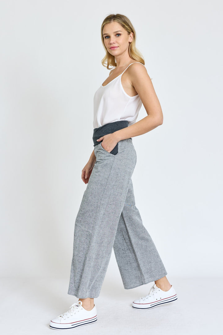 Brown Cotton Linen Wide Leg Pants Fold Over With Pockets
