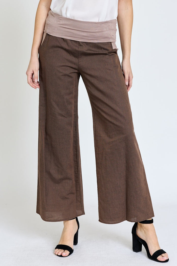 Burgundy Cotton Linen Wide Leg Pants Fold Over With Pockets