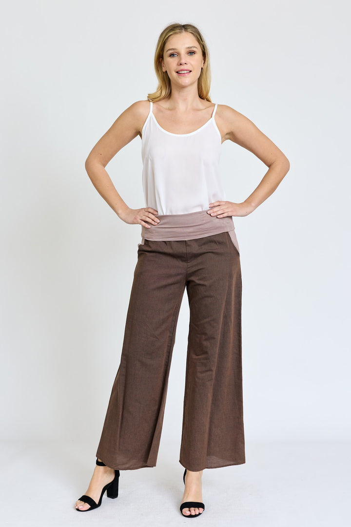 Brown Cotton Linen Wide Leg Pants Fold Over With Pockets