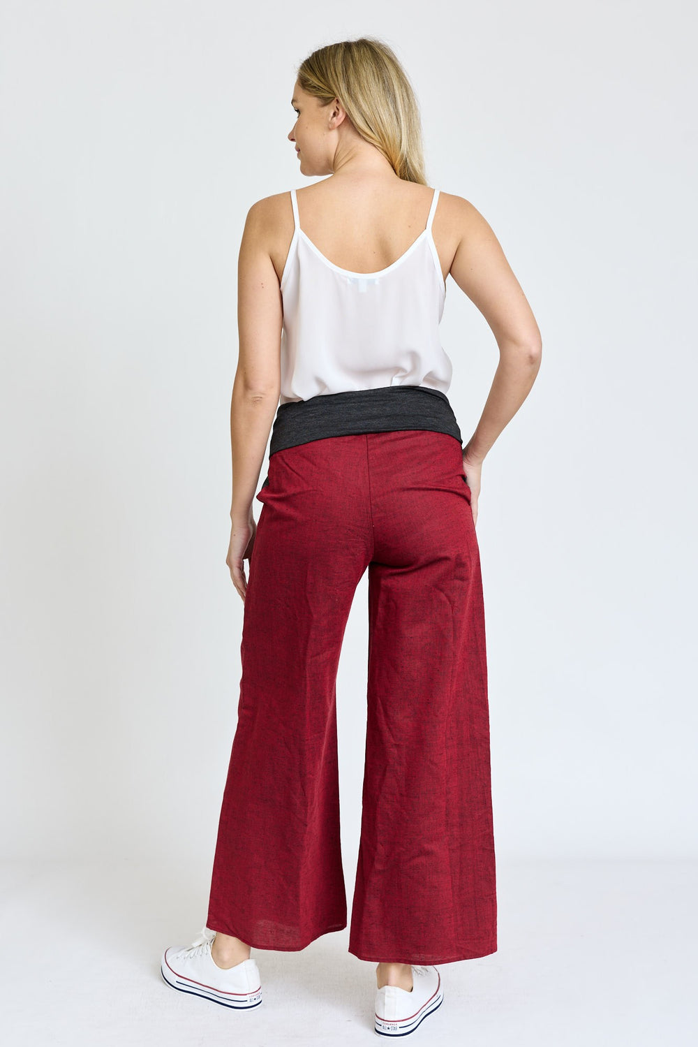 Burgundy Cotton Linen Wide Leg Pants Fold Over With Pockets