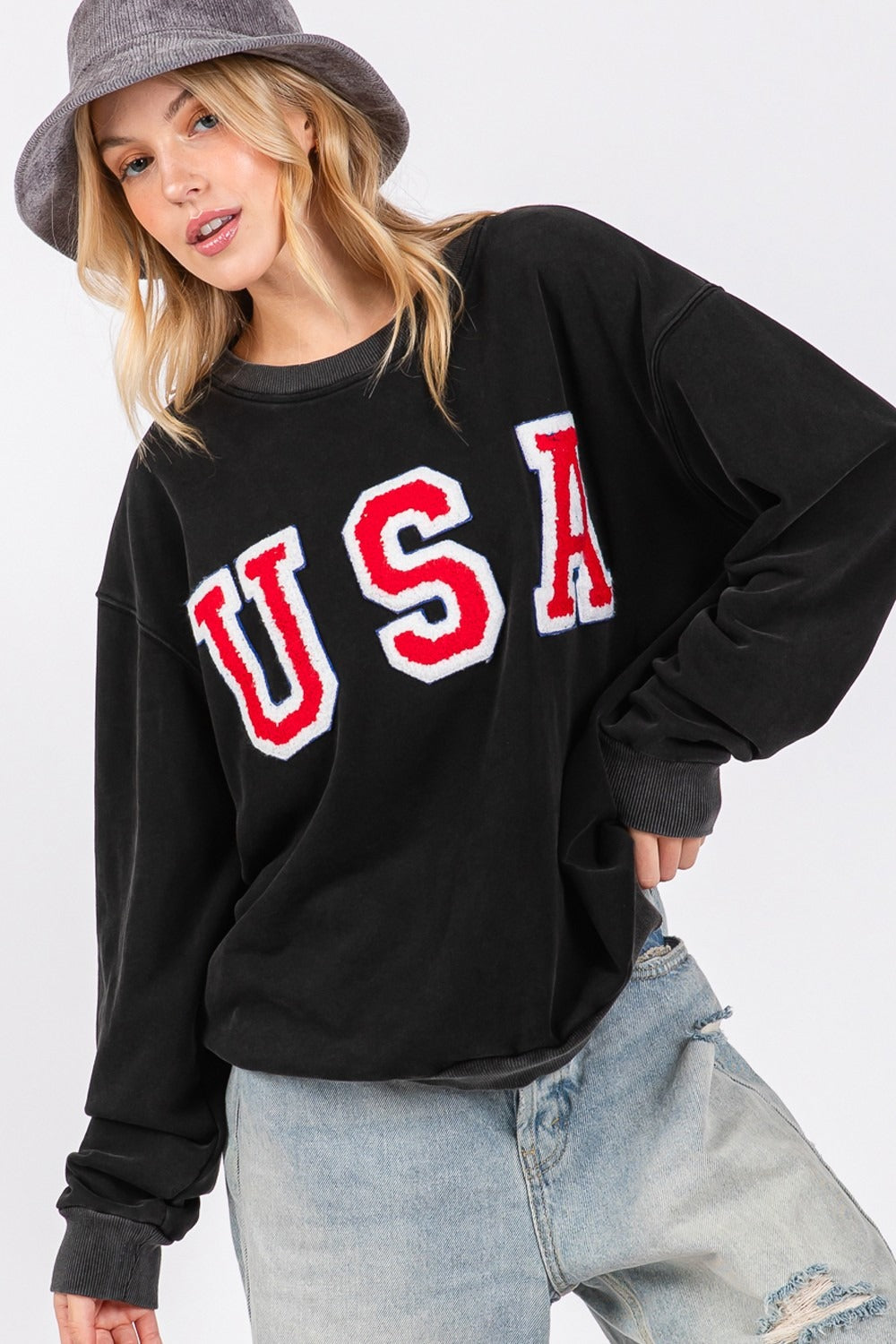 Sage Fig Usa Letter Patch Round Neck Sweatshirt