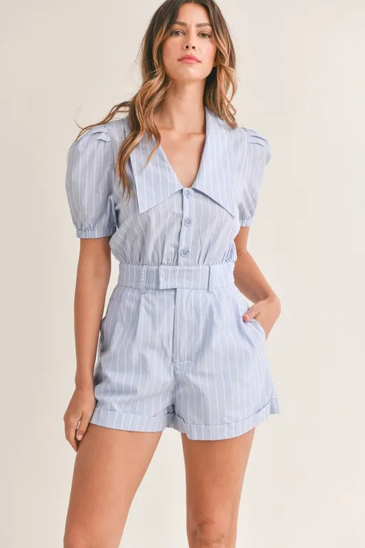 Lt Blue Mable Striped Puff Sleeve Collared Neck Romper 1