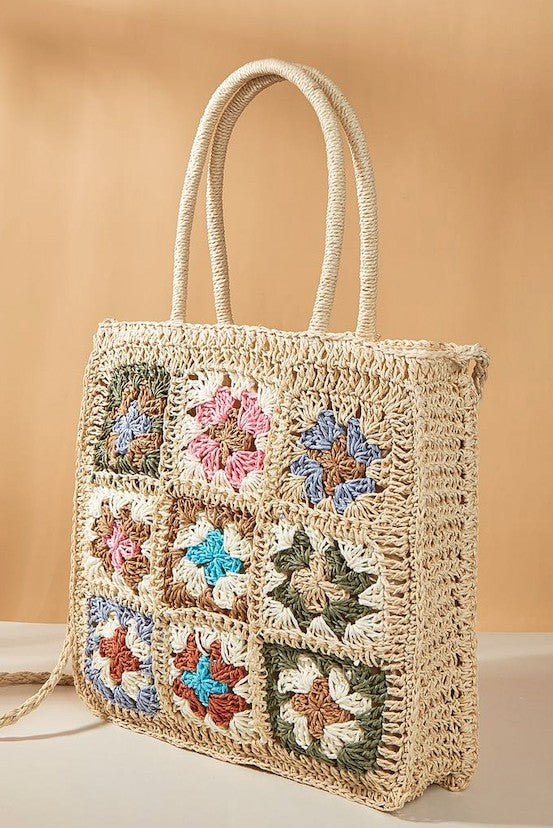 Cream Floral Pattern Straw Bag
