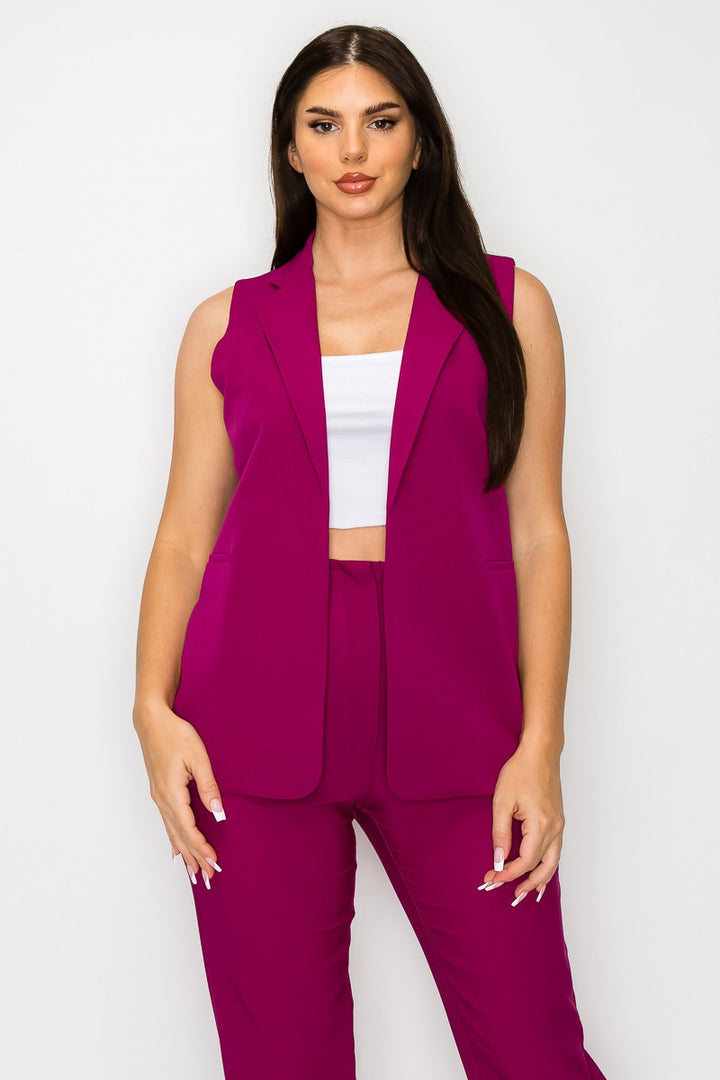 Navy Solid Vest With Lapel And Pockets