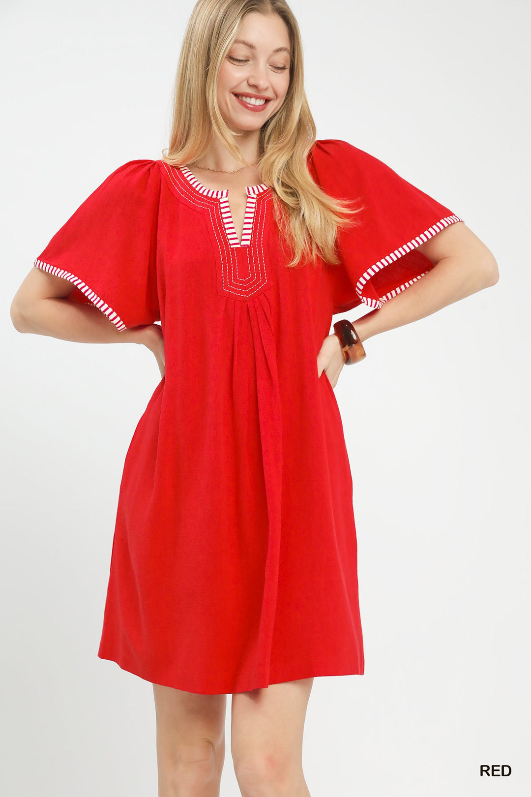 Red Umgee Linen Trim Tunic Dress