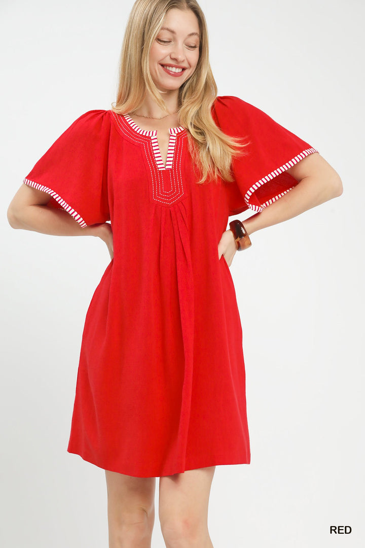 Red Umgee Linen Trim Tunic Dress