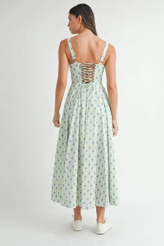Mint Mable Floral Print Bustier Back Lace Up Midi Dress
