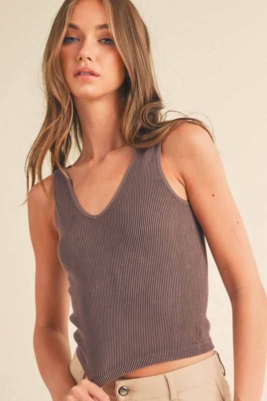 Blue Seamless Reversible Stonewashed Ribbed Tank