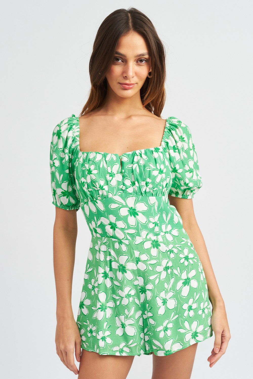 Green Floral Bubble Sleeve Floral Romper With Cut Out
