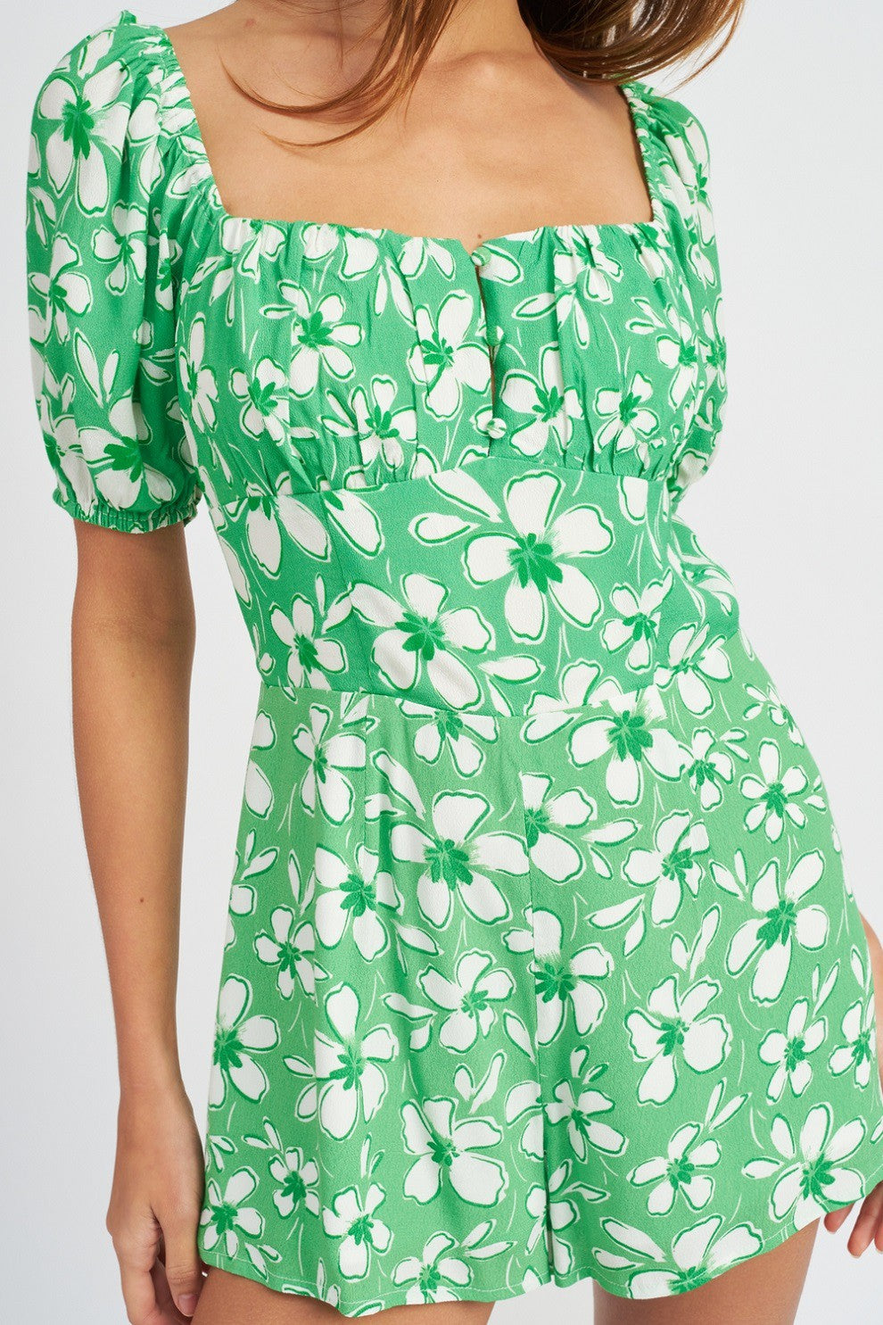 Green Floral Bubble Sleeve Floral Romper With Cut Out