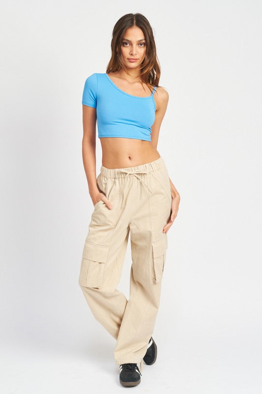Sky Blue Asymmetrical Binding Cropped Top