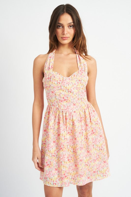 Pink Floral Bustier Halter Neck Dress