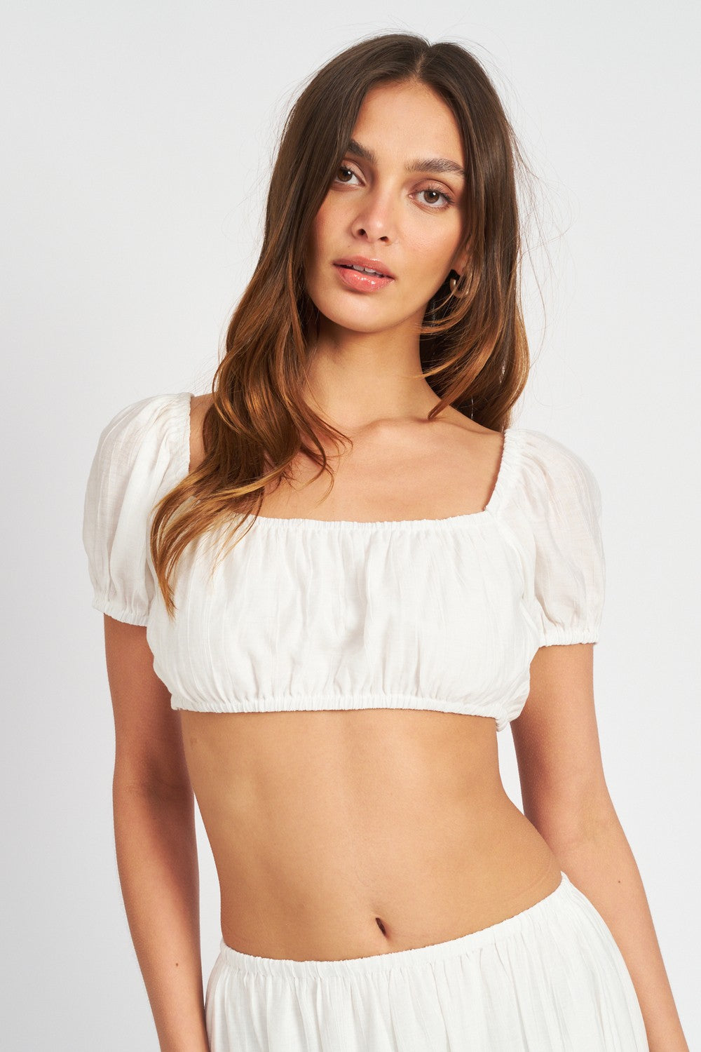 Off White Cross Back Peasant Cropped Top