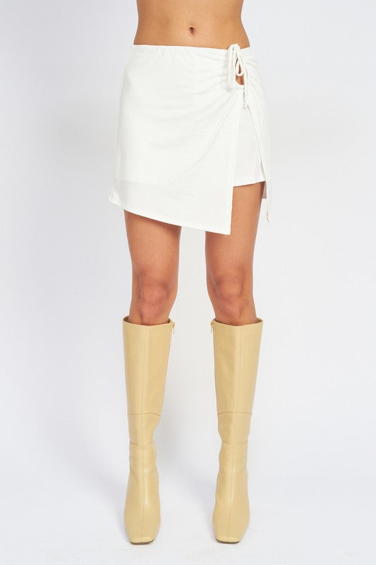 White Ruched Mini Skirt With Side Slit