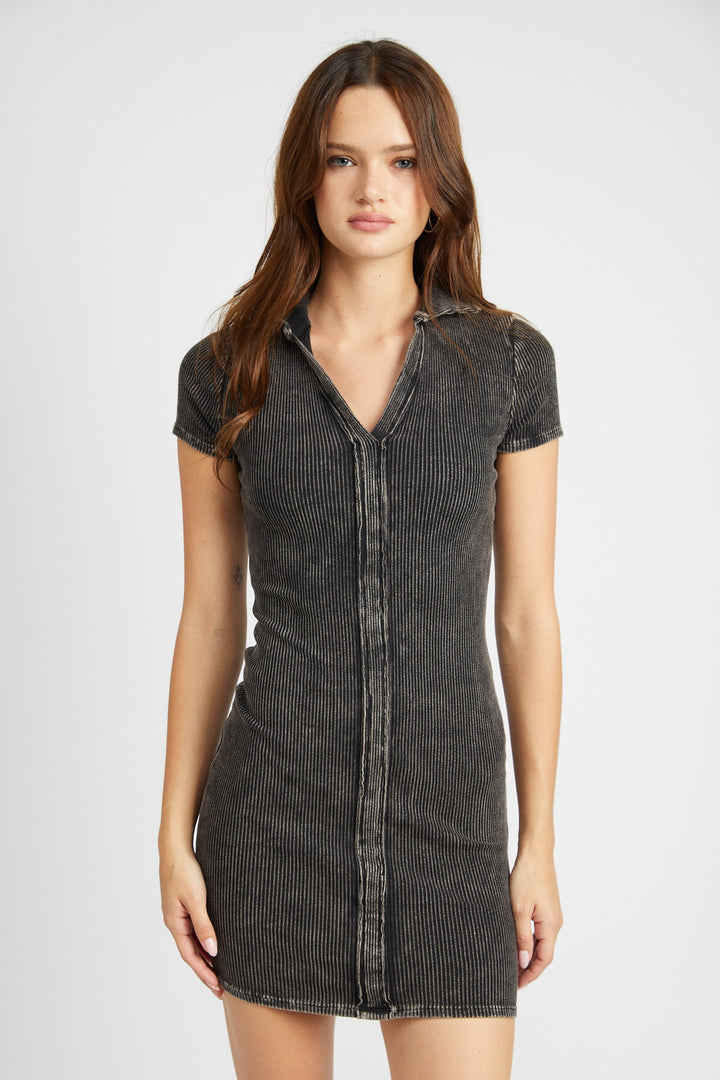Black Exposed Seam Collared Mini Dress