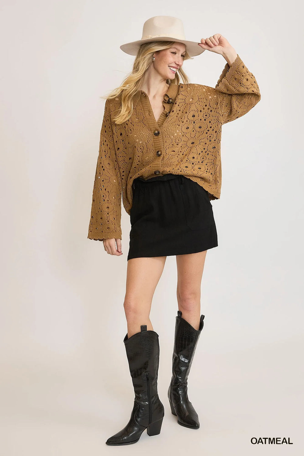 Oatmeal Umgee Crochet Button Down Knit Cardigan