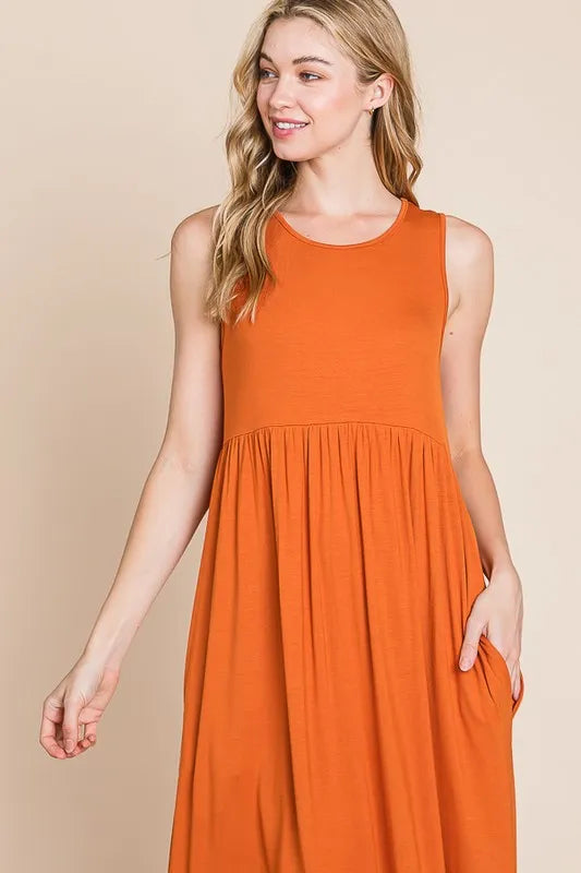 Rust Bombom Sleeveless Maxi Dress With Pockets