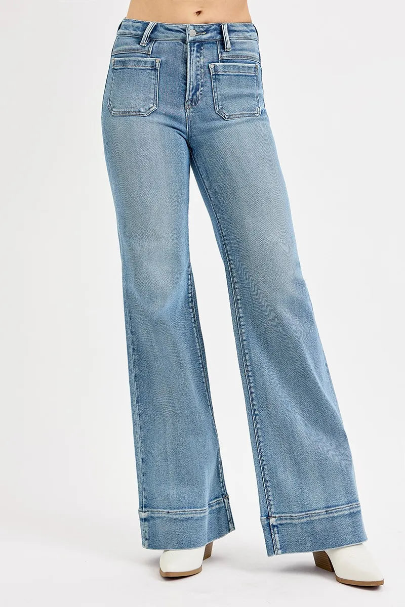 Medium Risen Full Size High Rise Wide Flare Patch Pocket Jeans Plus Size