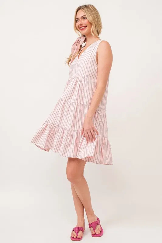 Pink Lime N Chili Striped Sleeveless V Neck Tiered Dress 1