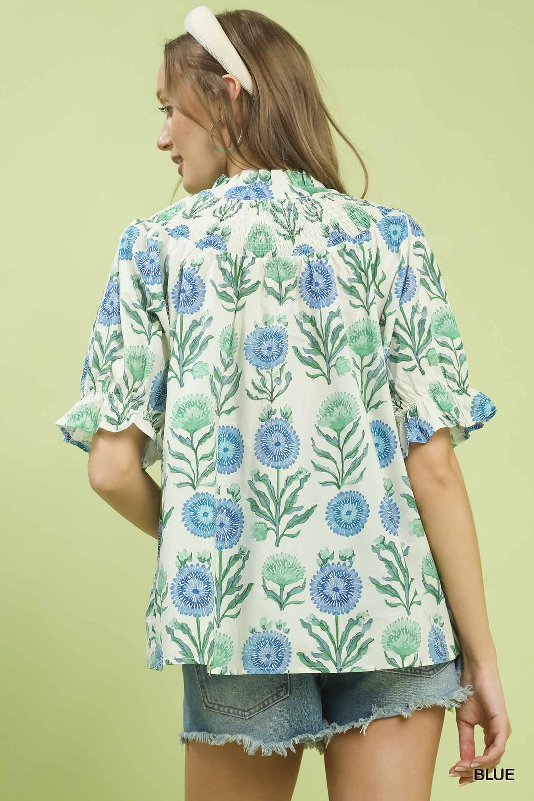Blue Umgee Floral Button Front Short Sleeve Top 1