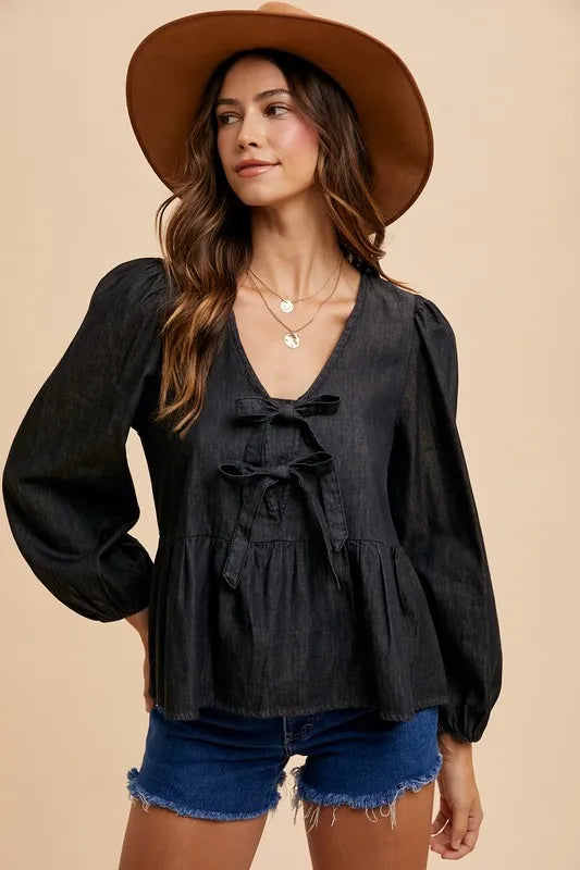 Black Annie Wear Tie Front Peplum Long Sleeve Denim Top